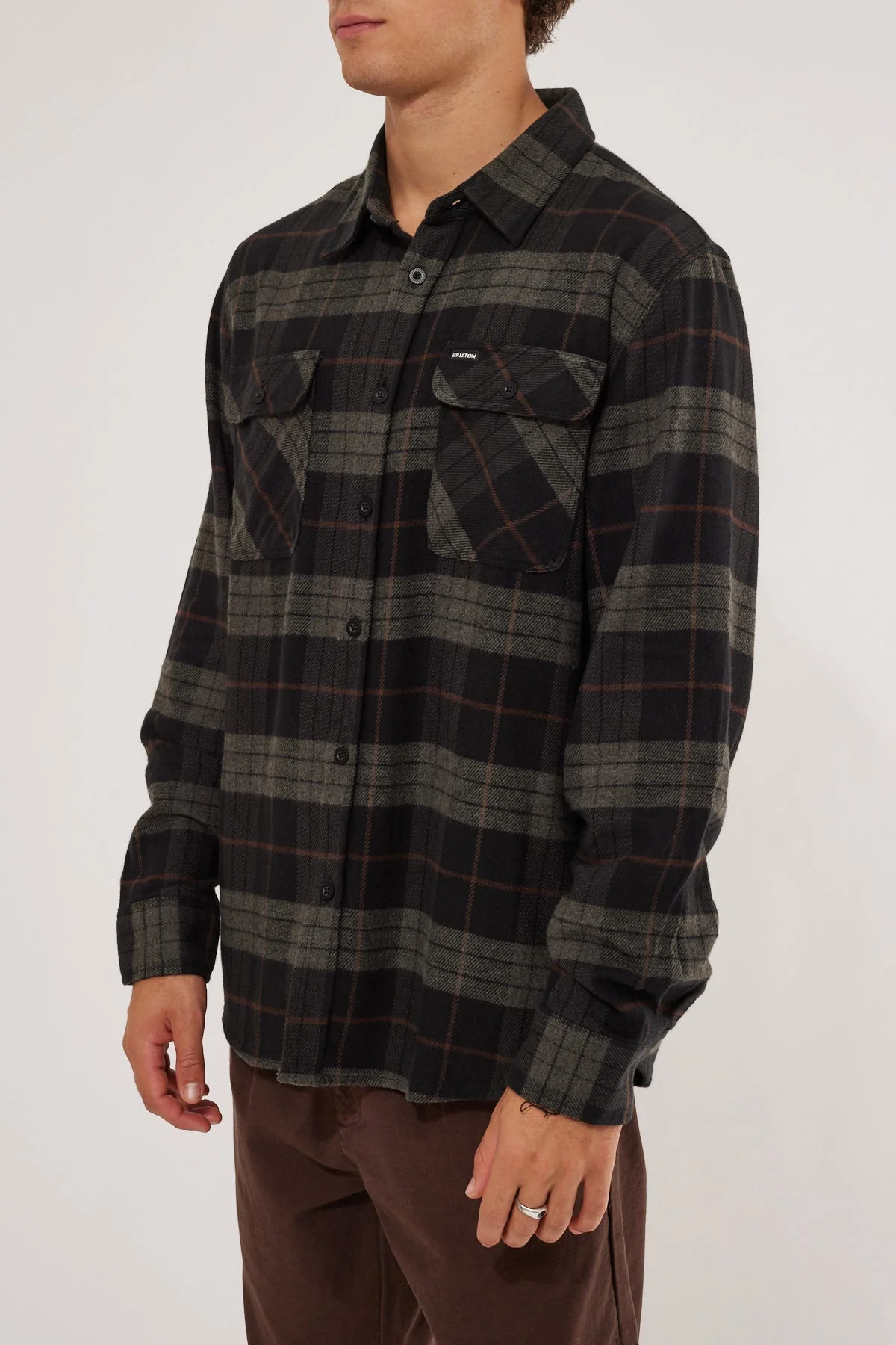 BRIXTON Bowery Long Sleeve Flannel Shirt - Black Charcoal - Image 3