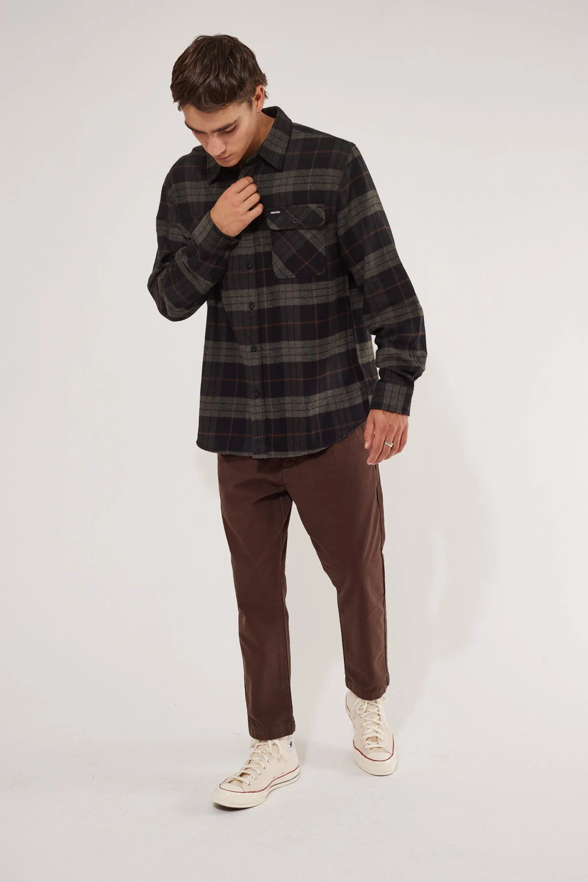 BRIXTON Bowery Long Sleeve Flannel Shirt - Black Charcoal - Image 4
