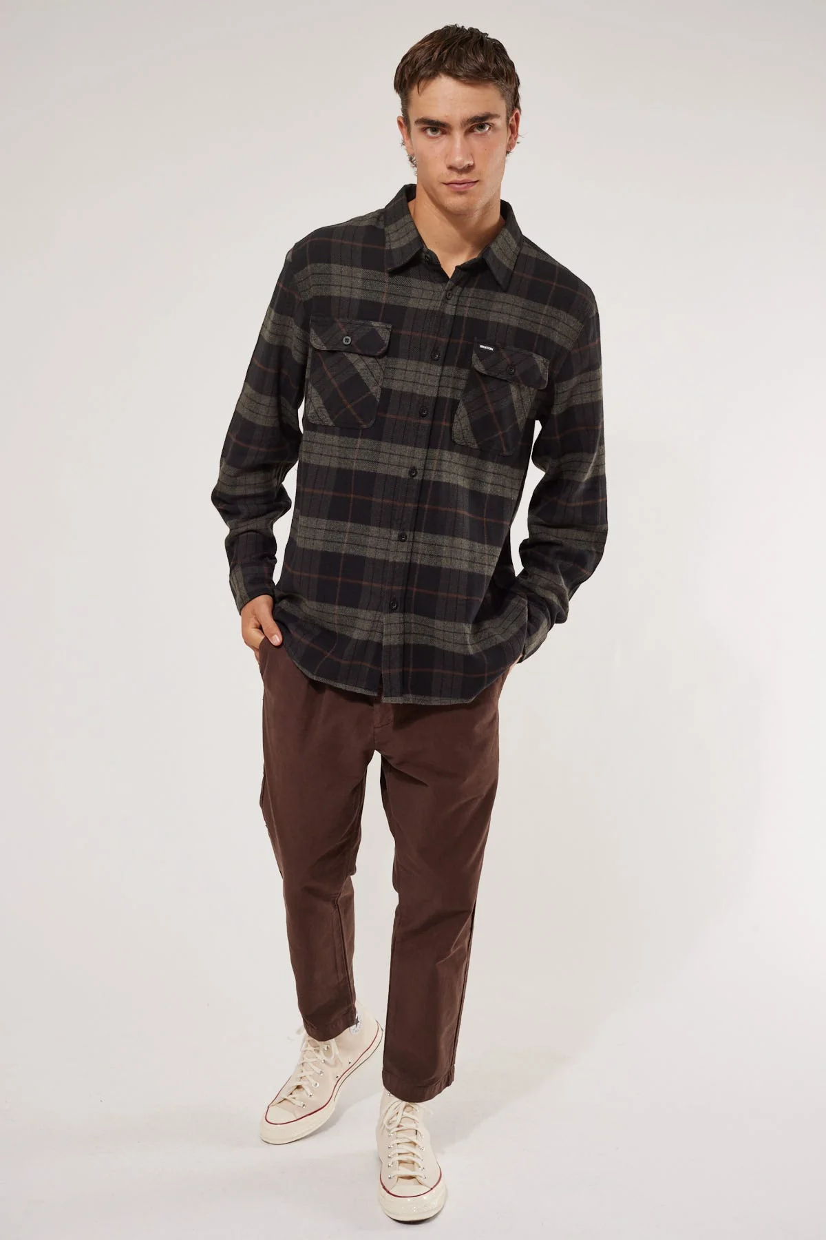 BRIXTON Bowery Long Sleeve Flannel Shirt - Black Charcoal - Image 5