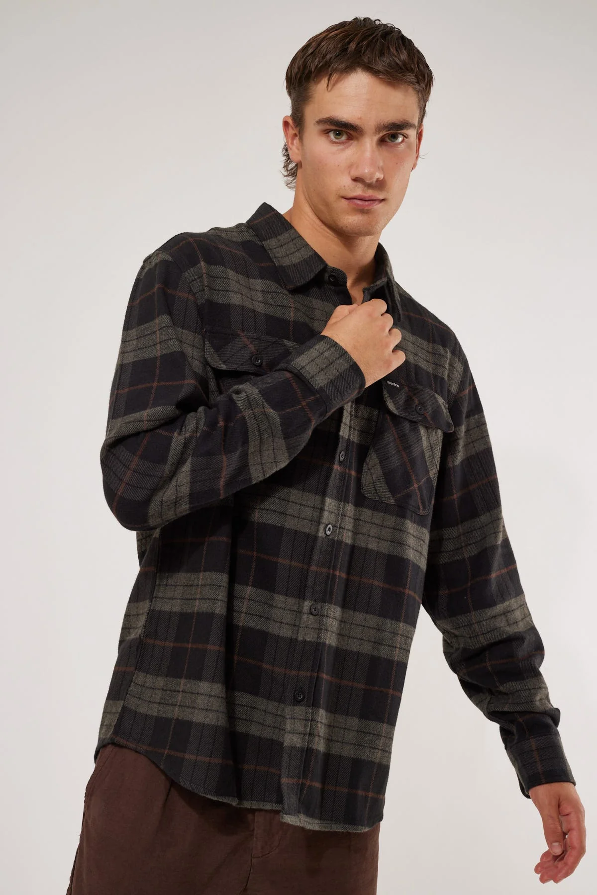 BRIXTON Bowery Long Sleeve Flannel Shirt - Black Charcoal - Image 6