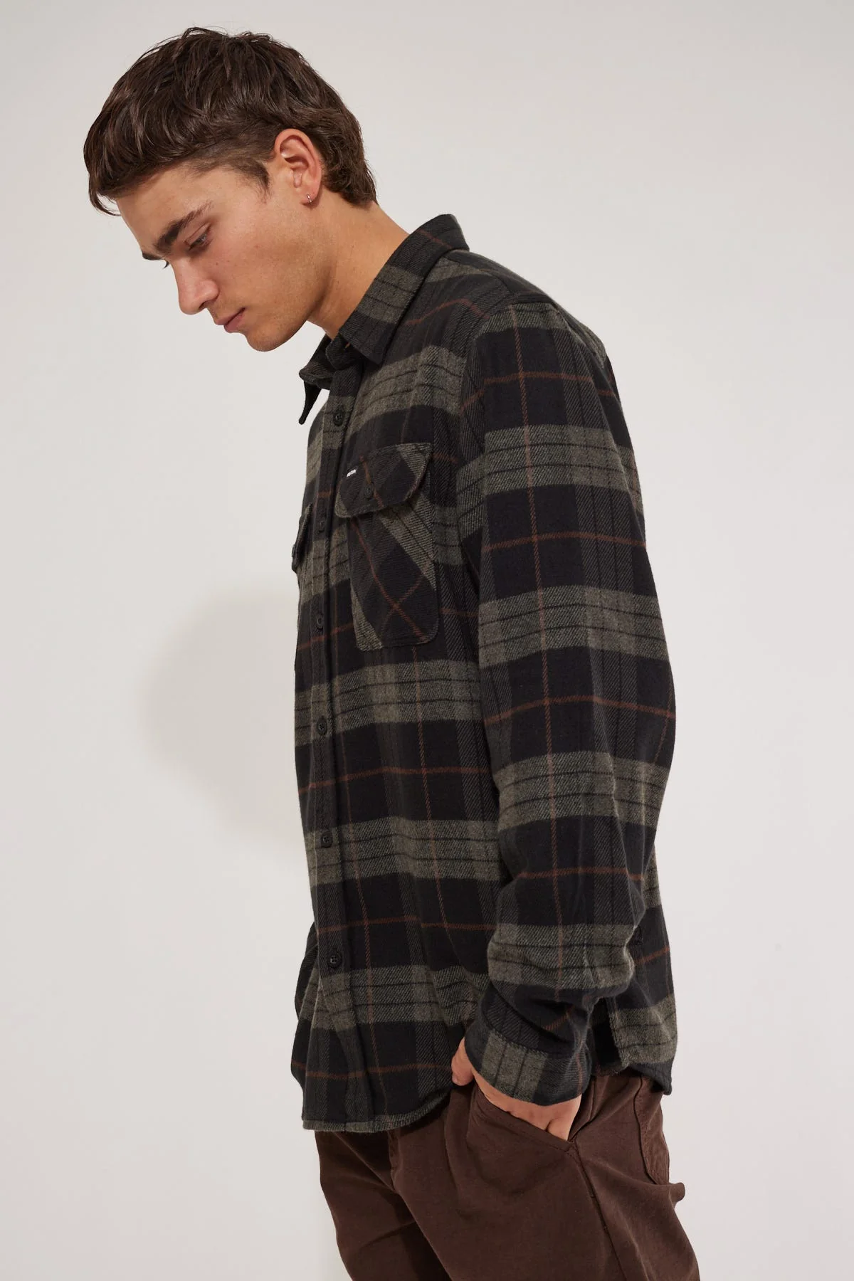 BRIXTON Bowery Long Sleeve Flannel Shirt - Black Charcoal - Image 7