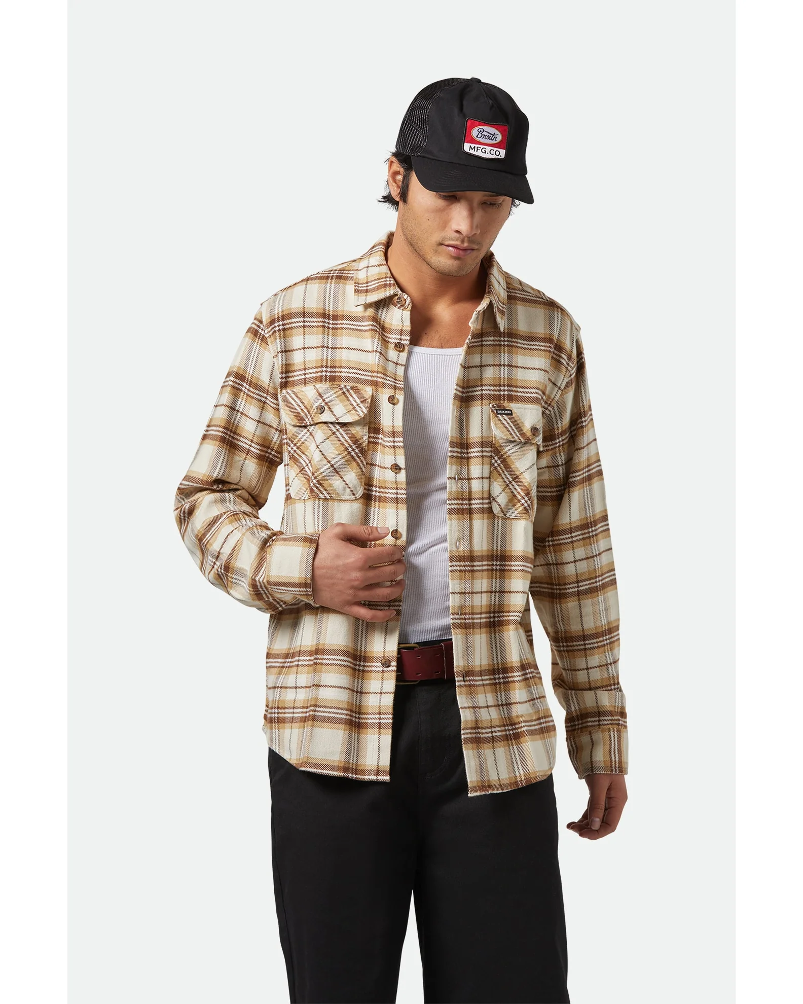 BRIXTON Bowery Long Sleeve Flannel Shirt - Whitecap/Sand/Pinecone Brown - Image 2