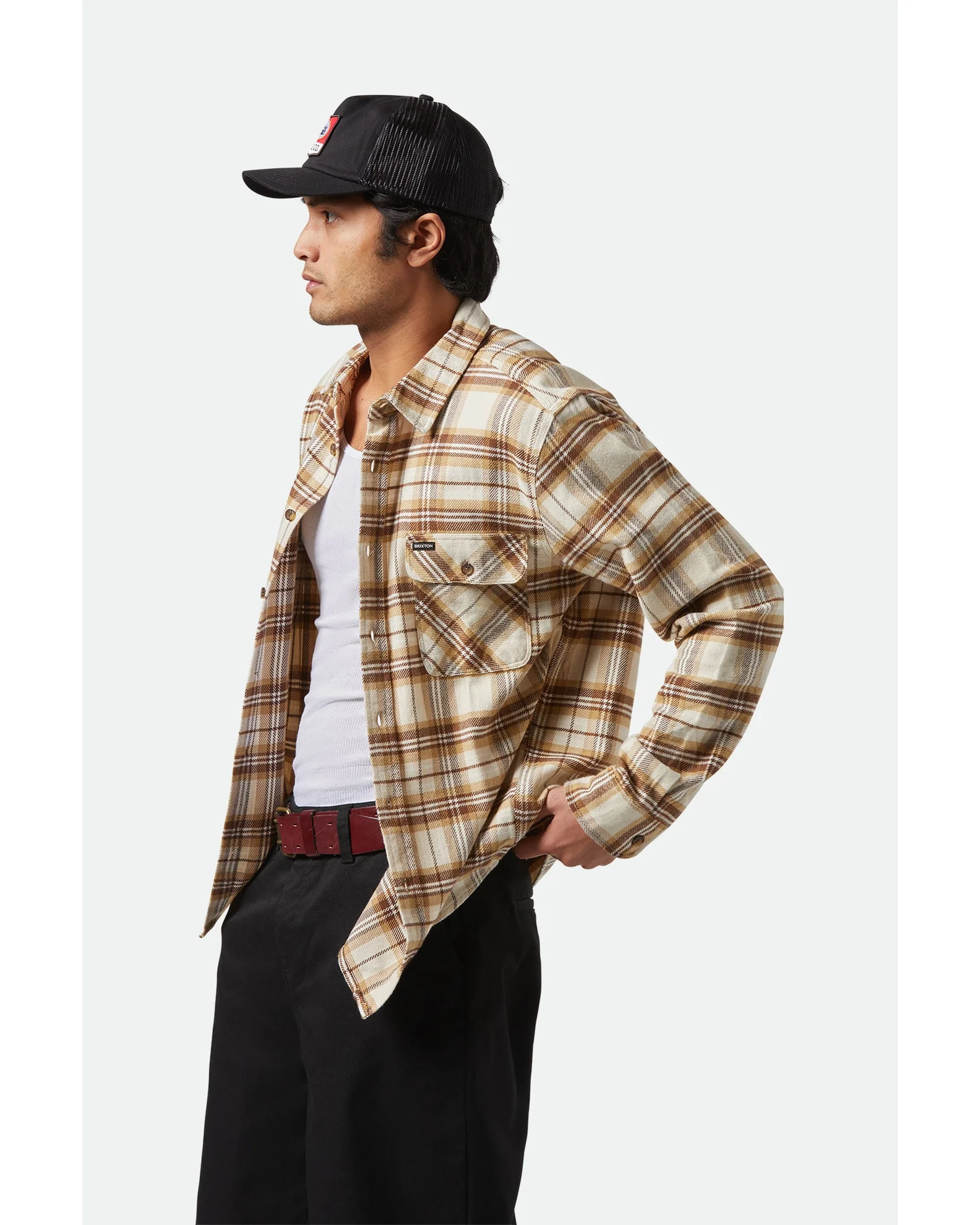BRIXTON Bowery Long Sleeve Flannel Shirt - Whitecap/Sand/Pinecone Brown - Image 3