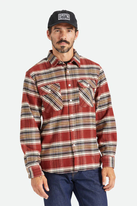 BRIXTON BOWERY STRETCH L/S UTILITY FLANNEL - Burnt Henna/Bright Gold/Black - Image 2
