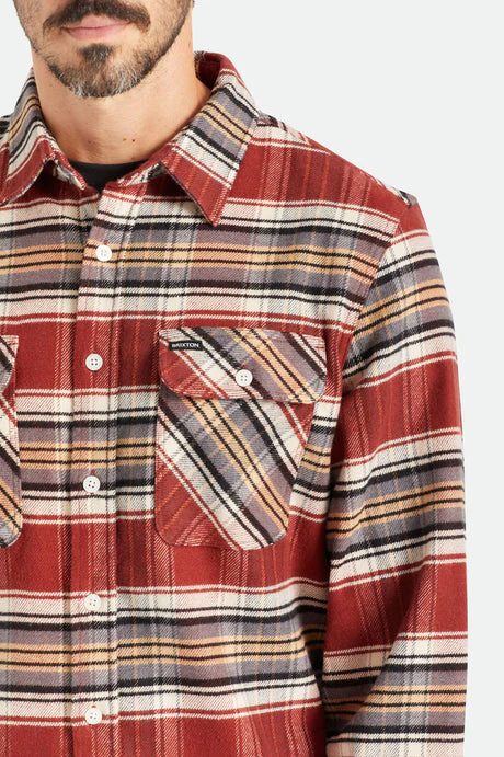 BRIXTON BOWERY STRETCH L/S UTILITY FLANNEL - Burnt Henna/Bright Gold/Black - Image 3