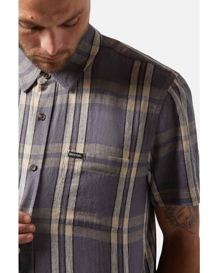 BRIXTON CHARTER LINEN BLEND S/S SHIRT 01441 - Char/Beige Plaid - Image 3