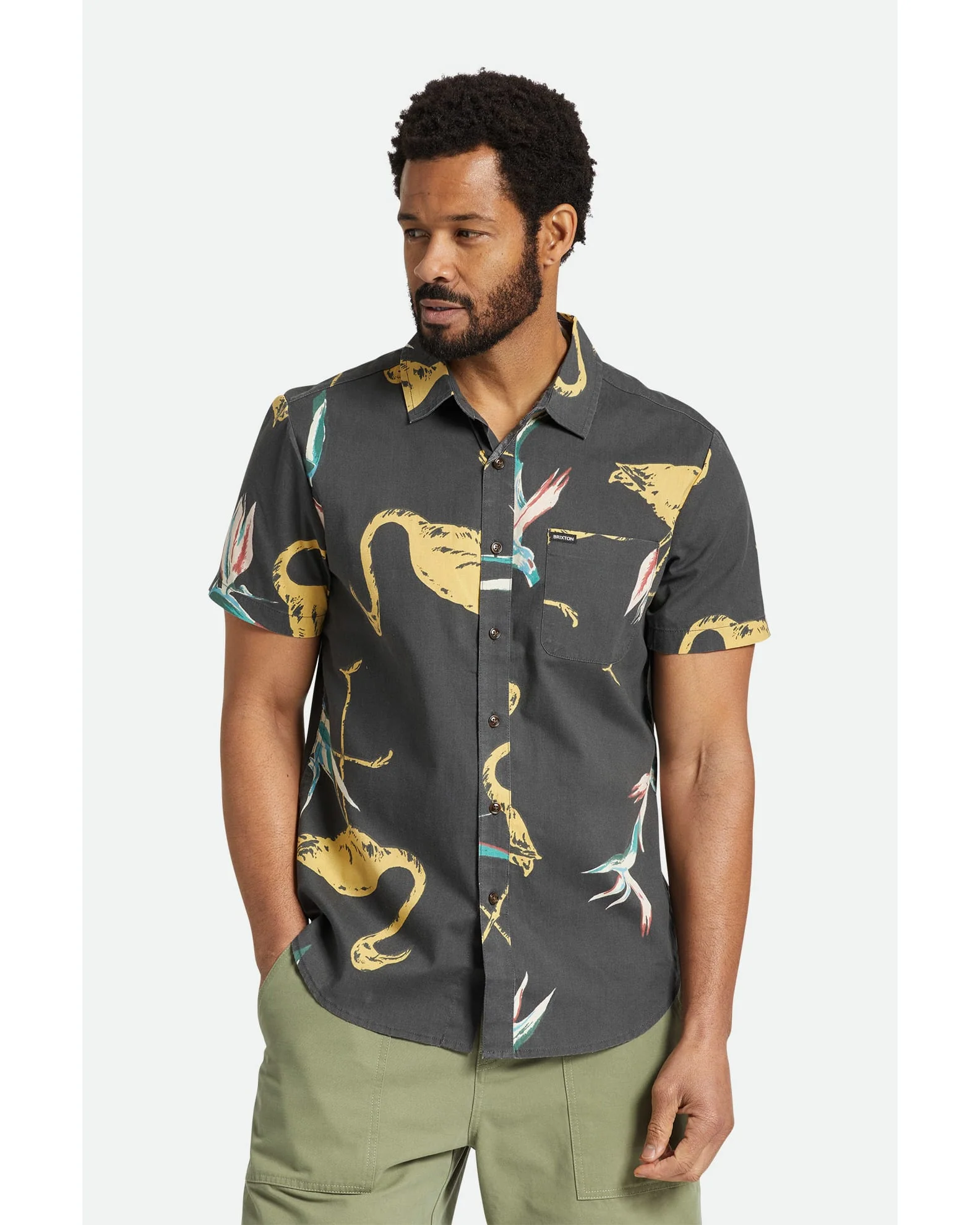 BRIXTON CHARTER PRINT S/S SHIRT - BLACK/STRAW/CORAL PINK