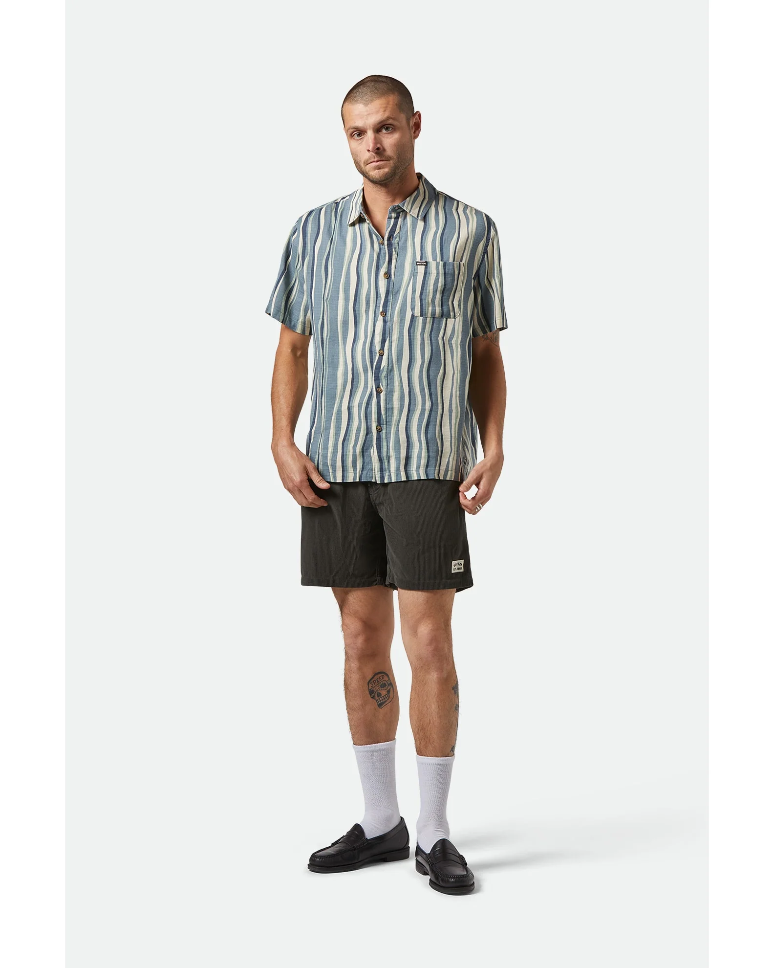 BRIXTON CRU Oxford Stripe S/S Shirt - Basalt Blue/Painterly Stripe