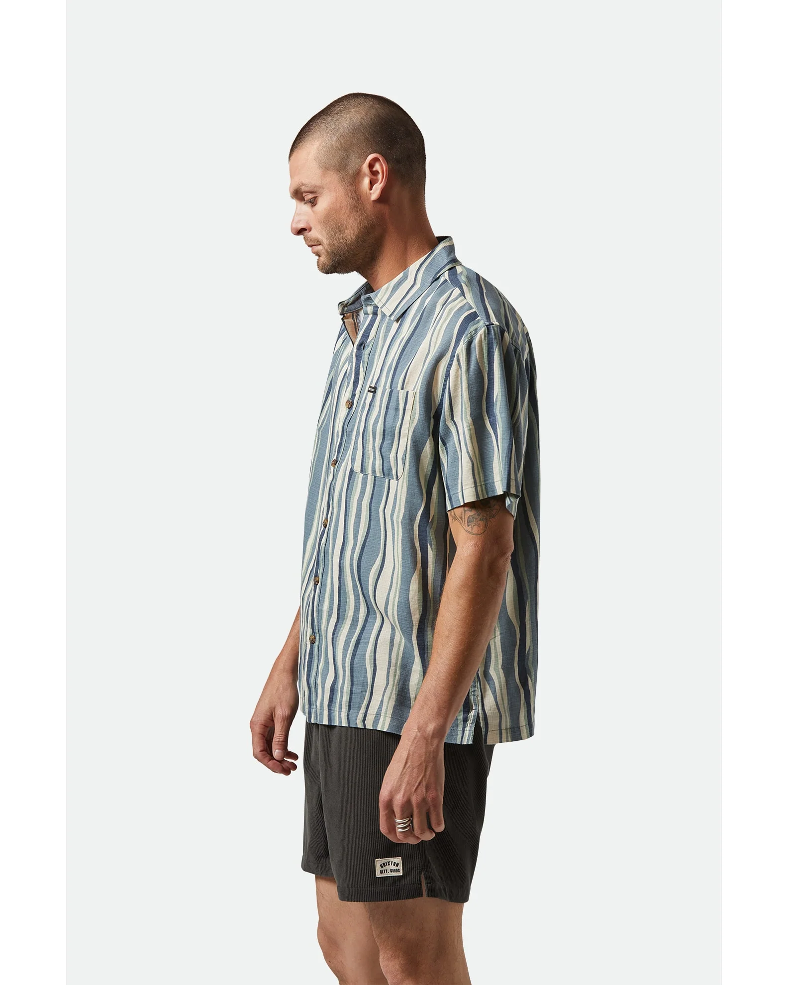 BRIXTON CRU Oxford Stripe S/S Shirt - Basalt Blue/Painterly Stripe - Image 2