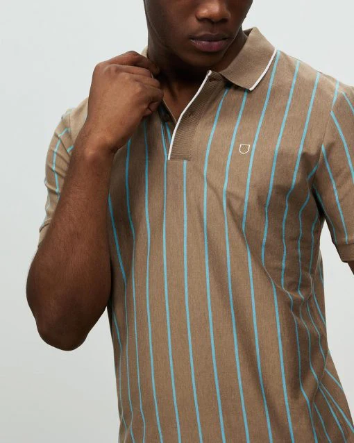 Brixton Proper Vertical short Sleeve Polo Knit - Twig/Teal - Image 4