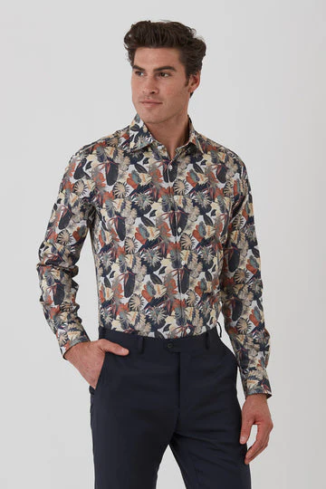 CAMBRIDGE Parkdale FCU332 L/S Floral Print Shirt - Denim