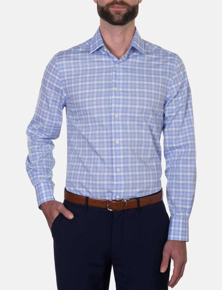 Hardy Amies 356SF Classic Light Blue Check LS Business Shirt - Image 3