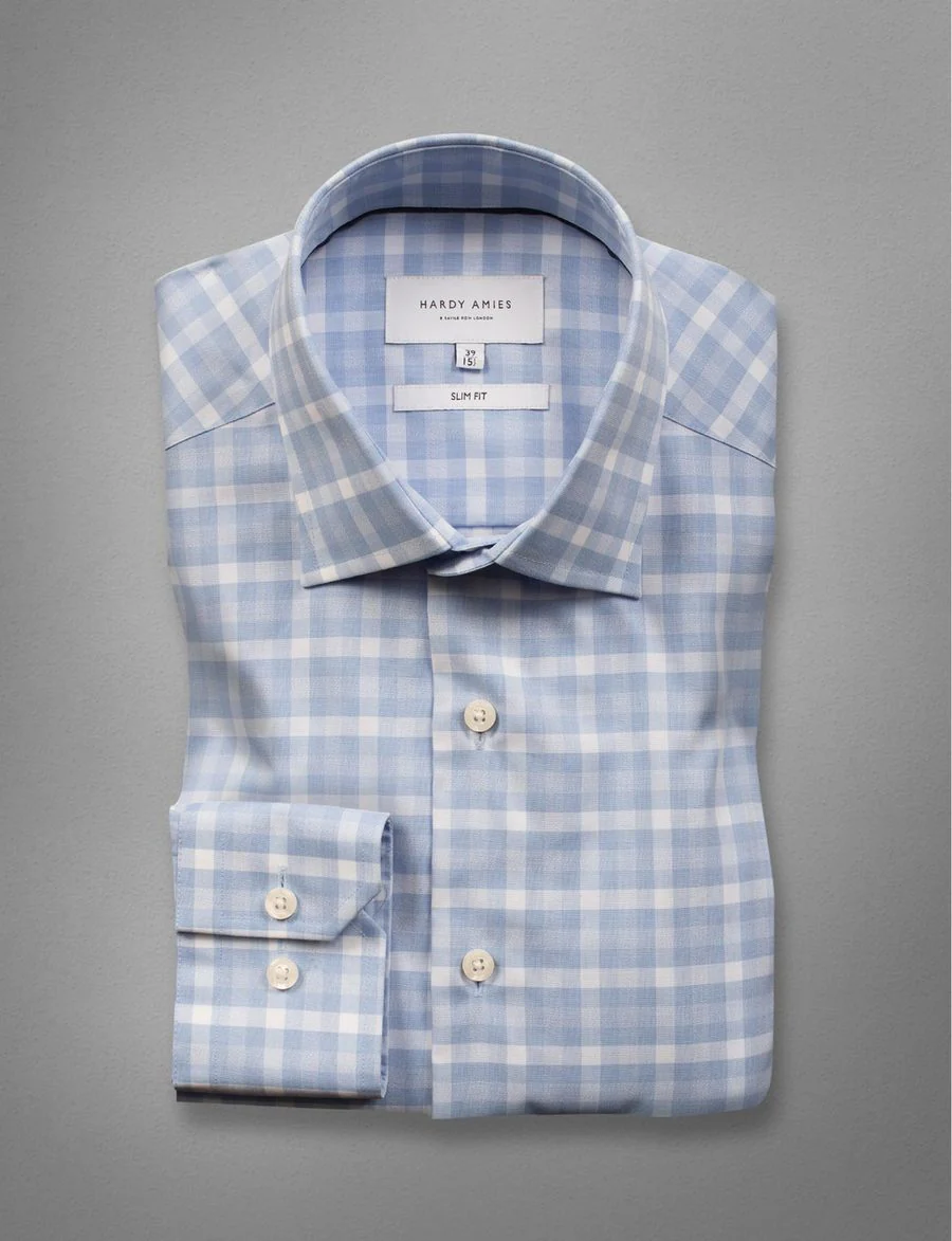 Hardy Amies 356SF Classic Light Blue Check LS Business Shirt - Image 6