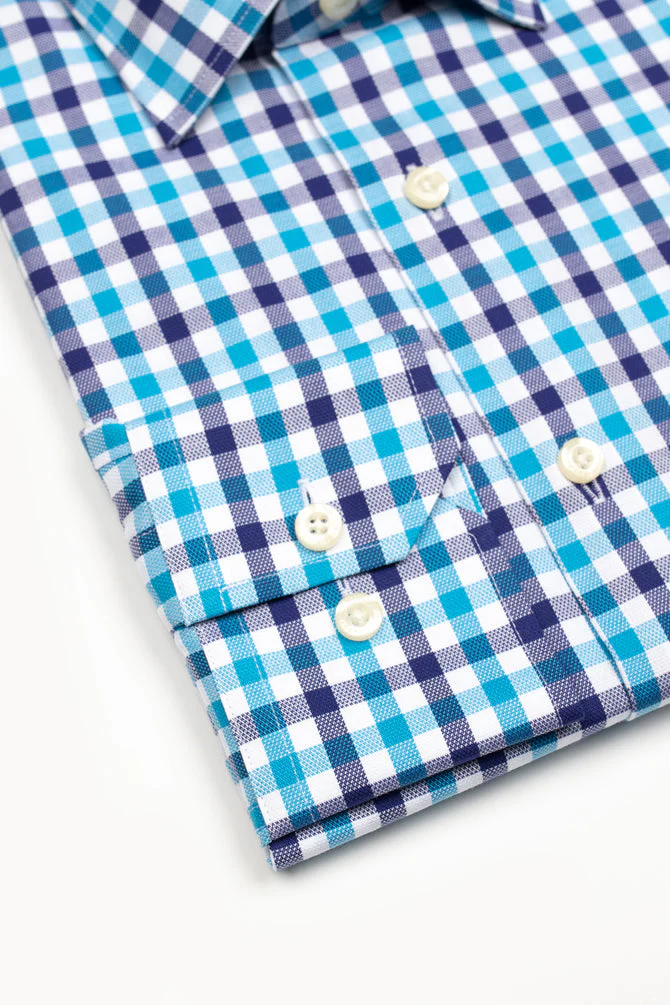 HARDY AMIES HA430SF CHECK SHIRT - Aqua - Image 2