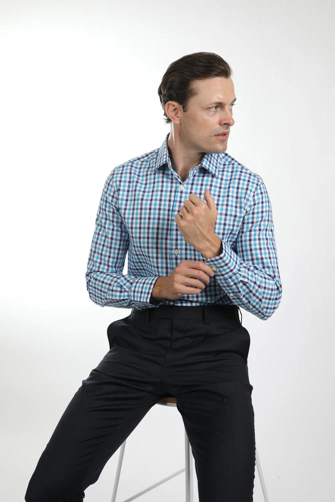 HARDY AMIES HA430SF CHECK SHIRT - Aqua - Image 4