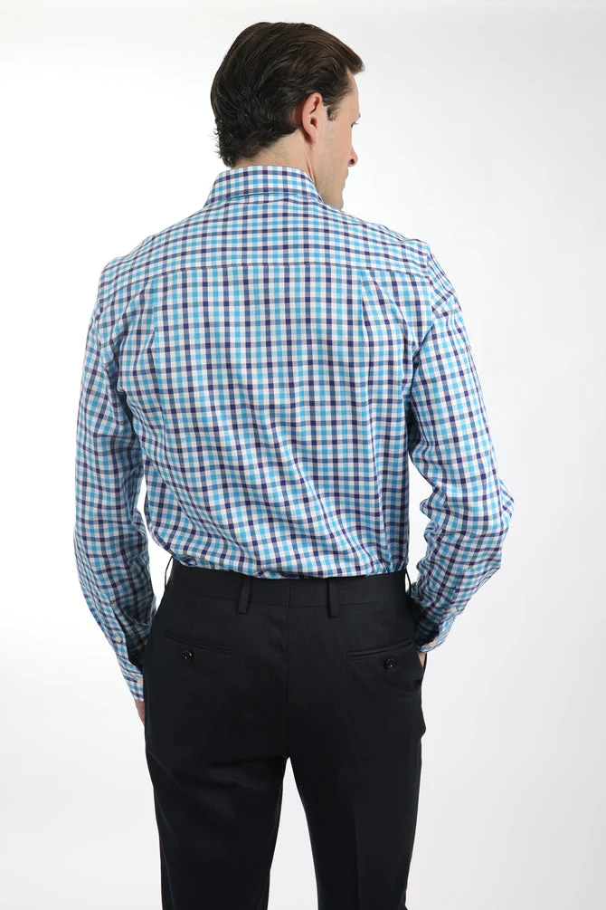 HARDY AMIES HA430SF CHECK SHIRT - Aqua - Image 5