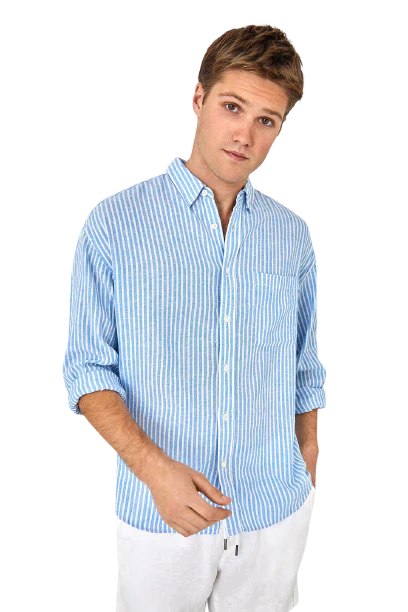 INDUSTRIE The Baker Linen L/S Shirt - Blue & White Stripe - Image 2