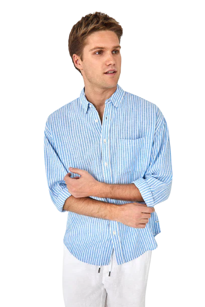 INDUSTRIE The Baker Linen L/S Shirt - Blue & White Stripe - Image 3