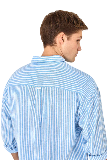 INDUSTRIE The Baker Linen L/S Shirt - Blue & White Stripe - Image 4