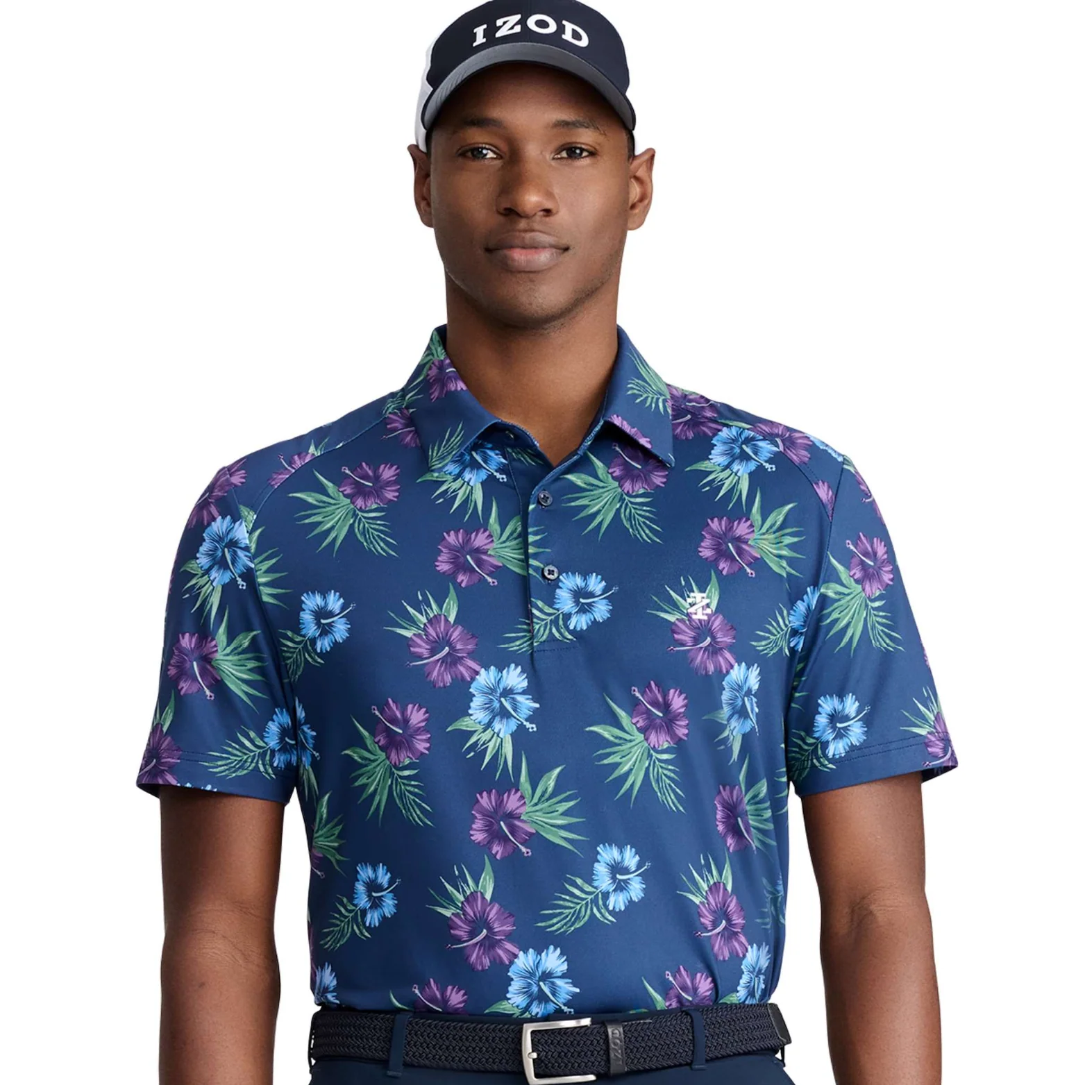 IZOD IZMGB09R-405 MACRO PRINT HIBISCUS POLO - Medieval Blue