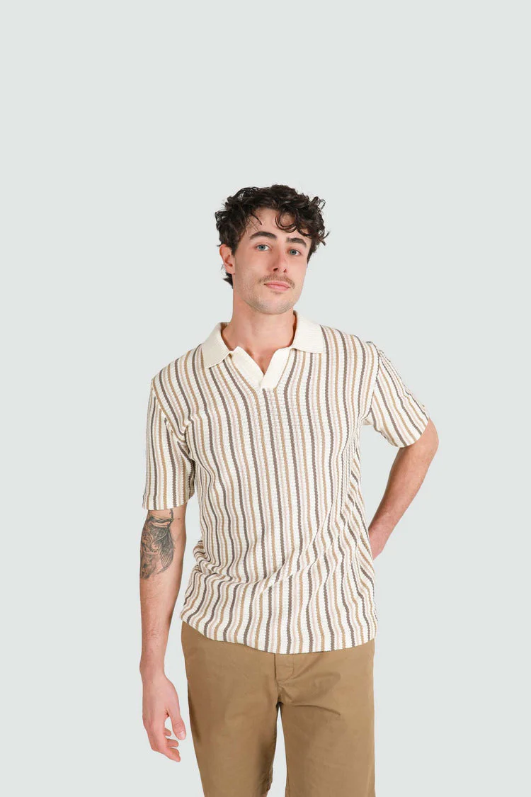 JAMES HARPER JHK761 Striped Open Neck Polo Knit Shirt - Natural - Image 2