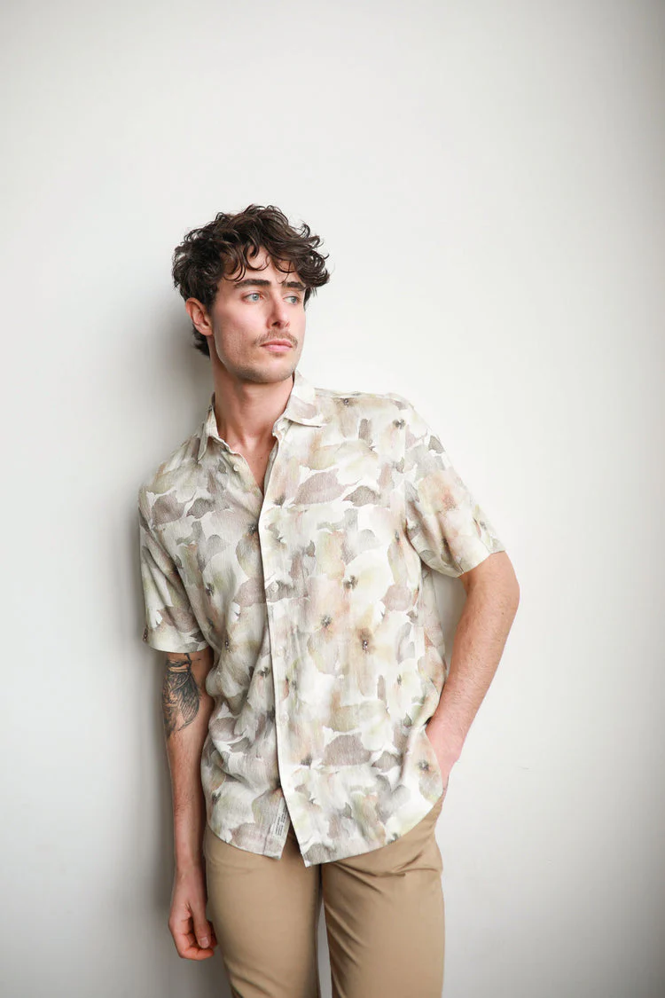 JAMES HARPER JHS611 Floral Short Sleeve Watercolour Linen Shirt - Natural