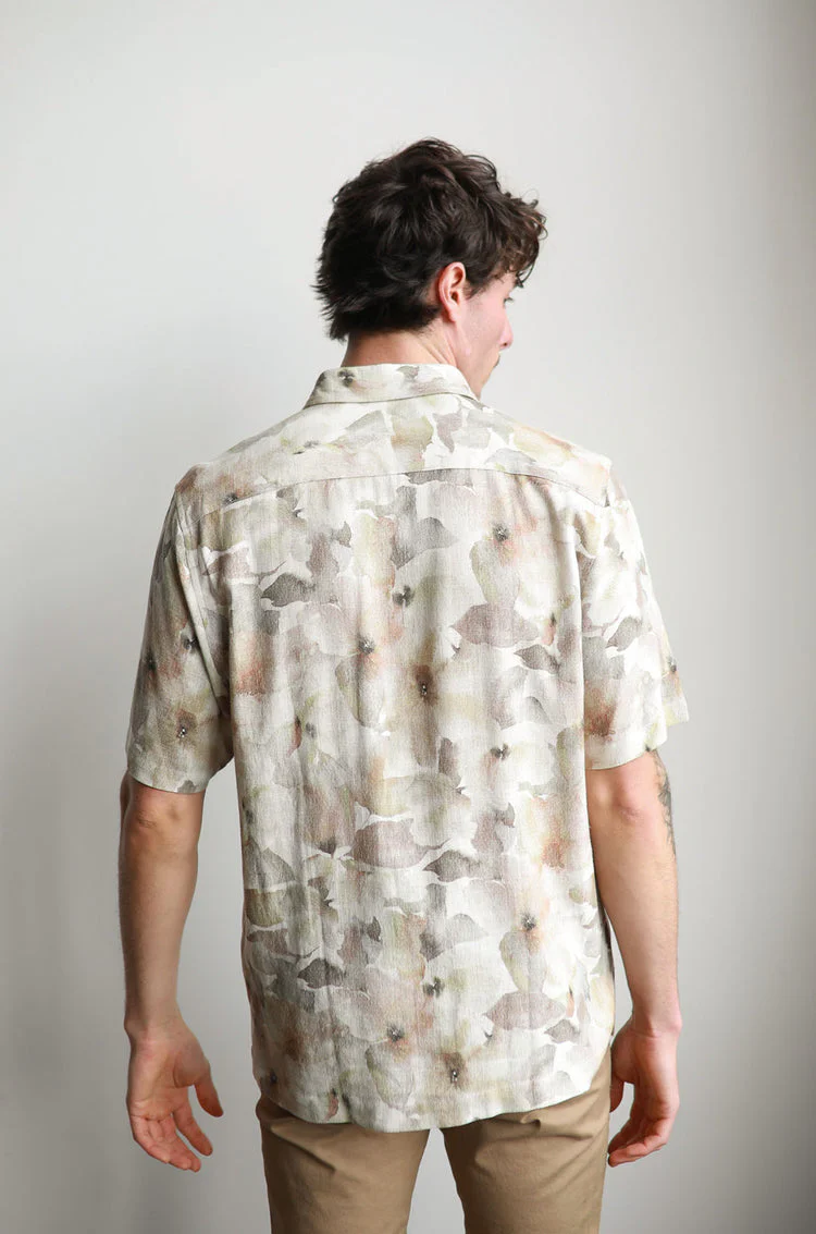 JAMES HARPER JHS611 Floral Short Sleeve Watercolour Linen Shirt - Natural - Image 3