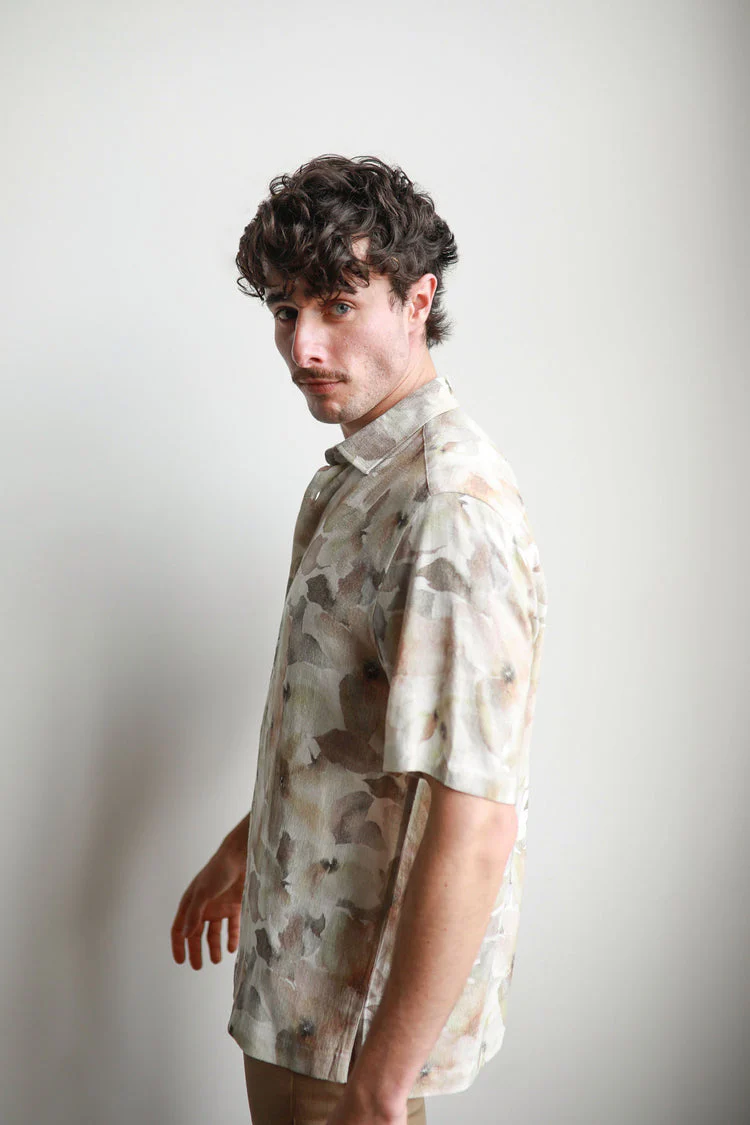 JAMES HARPER JHS611 Floral Short Sleeve Watercolour Linen Shirt - Natural - Image 4