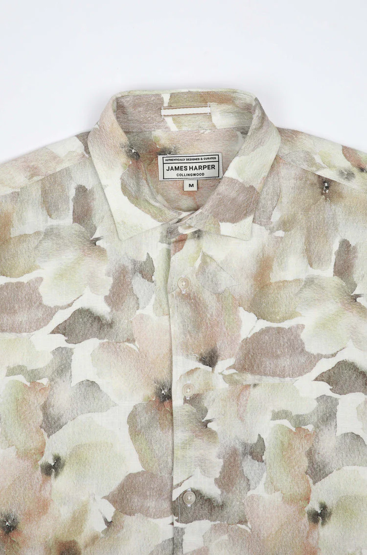 JAMES HARPER JHS611 Floral Short Sleeve Watercolour Linen Shirt - Natural - Image 6