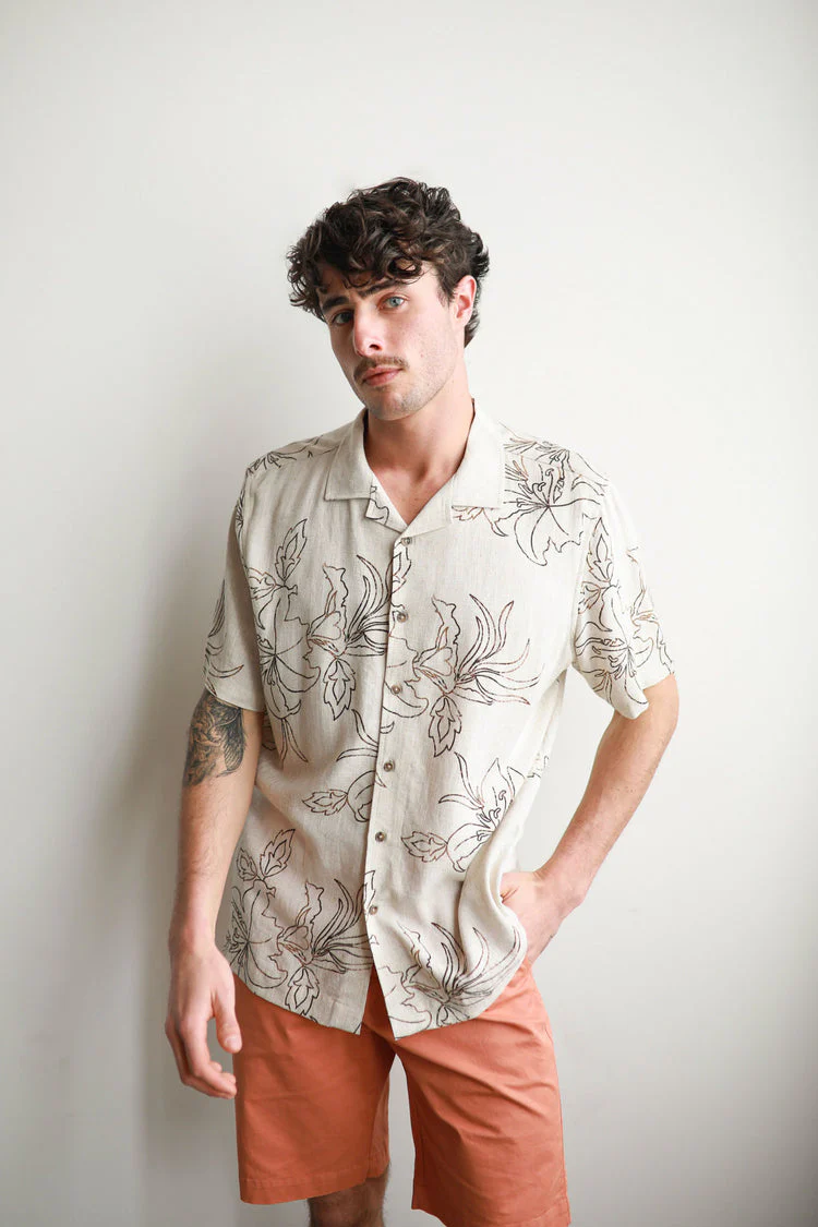 JAMES HARPER JHS612 Havanna Cuban Collar Linen S/S Shirt - Mocha - Image 3