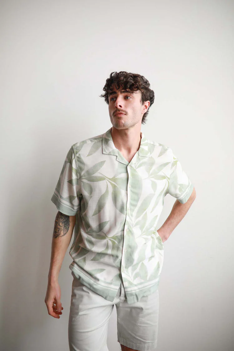 JAMES HARPER JHS613 Banana Leaf Border Cuban Collar Shirt - Sage - Image 2