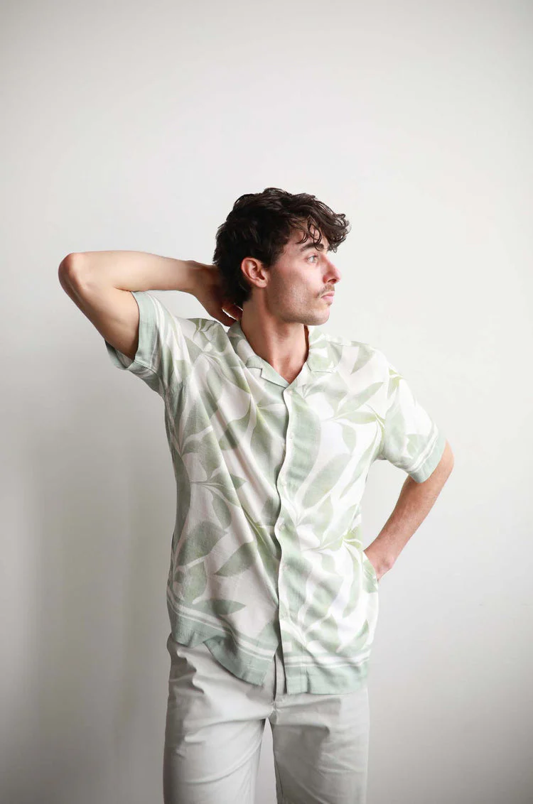 JAMES HARPER JHS613 Banana Leaf Border Cuban Collar Shirt - Sage - Image 5