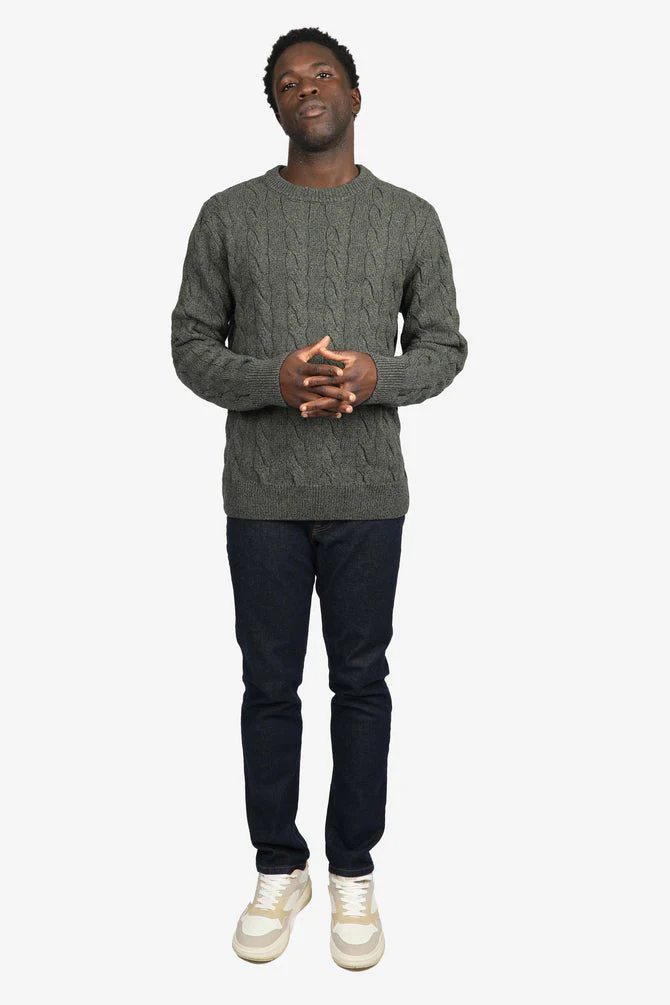 JAMES HARPER OLIVE COTTON CHUNKY CABLE CREW NECK JUMPER