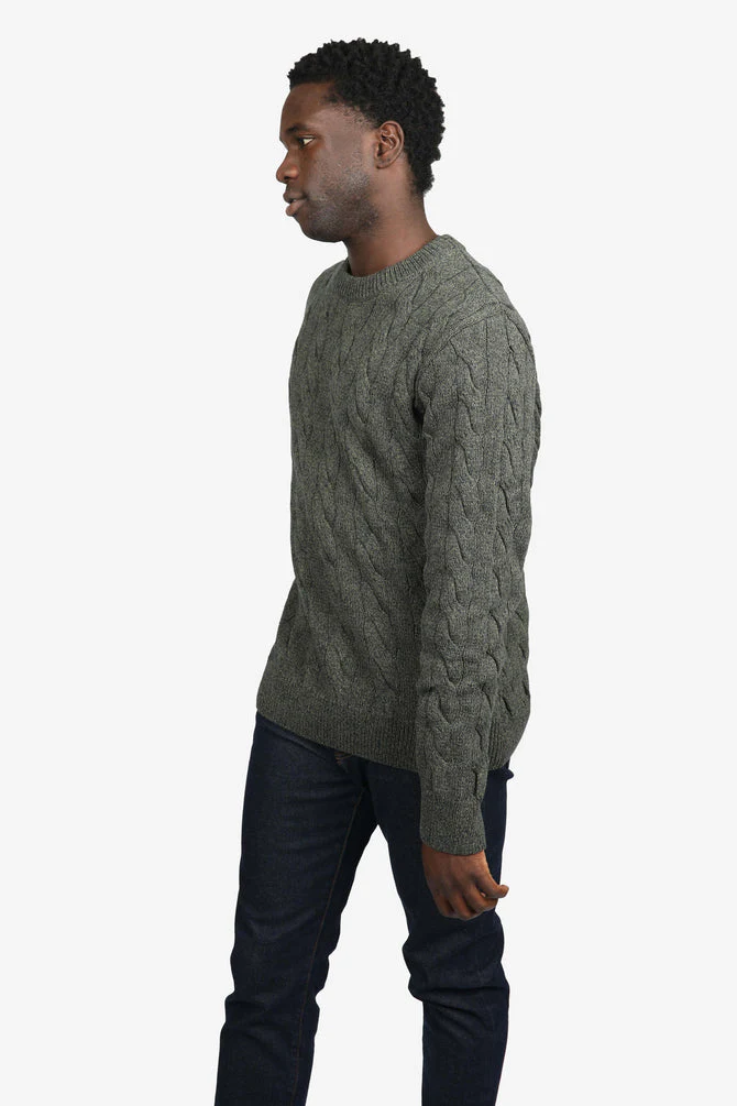JAMES HARPER OLIVE COTTON CHUNKY CABLE CREW NECK JUMPER - Image 2
