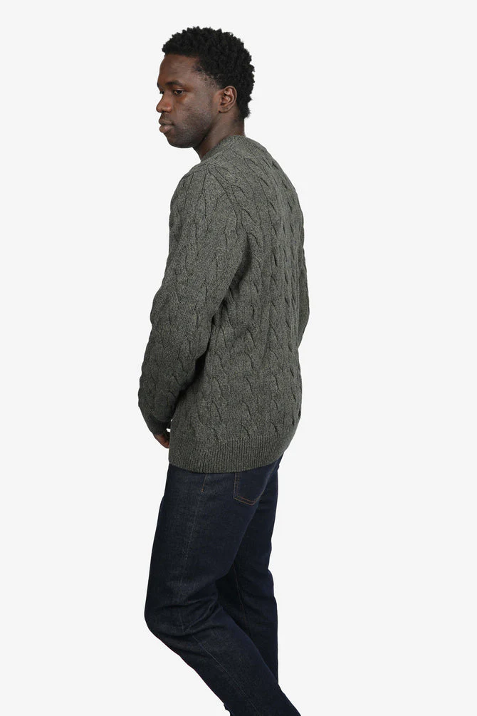 JAMES HARPER OLIVE COTTON CHUNKY CABLE CREW NECK JUMPER - Image 3