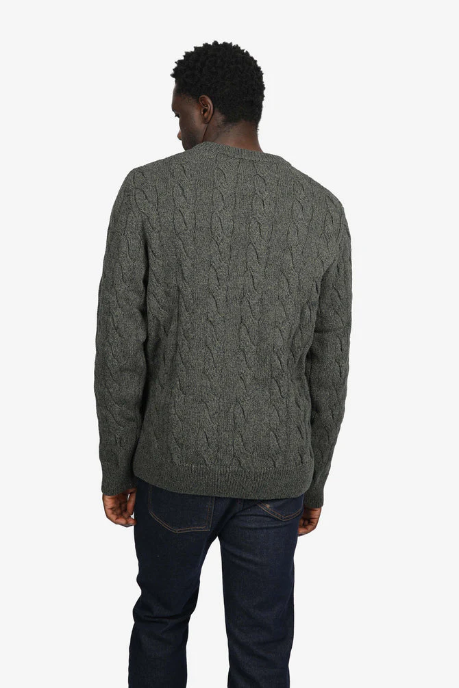 JAMES HARPER OLIVE COTTON CHUNKY CABLE CREW NECK JUMPER - Image 4