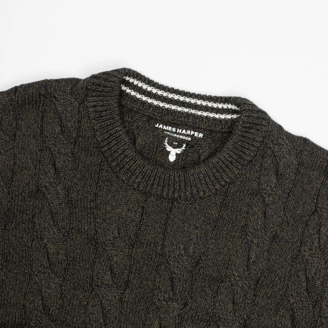 JAMES HARPER OLIVE COTTON CHUNKY CABLE CREW NECK JUMPER - Image 5