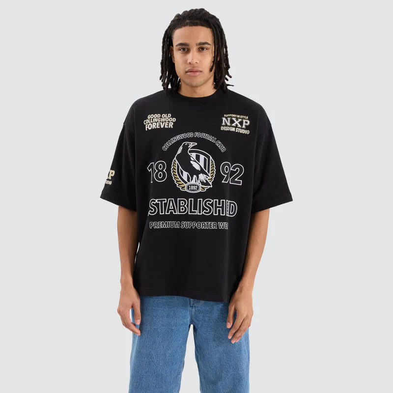NENA AND PASADENA Collingwood Magpies AFL Mega Loopback Tee - Jet Black - Image 2