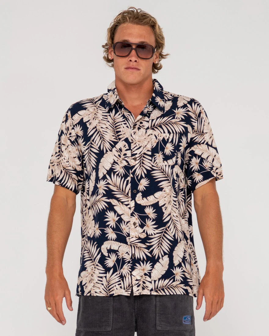 RUSTY Line Up Relaxed Fit Short Sleeve Shirt - Navy Blue