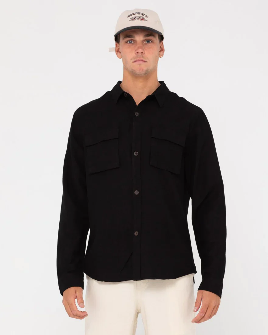 Rusty Linen Workwear Long Sleeve Shirt -Black - Image 2