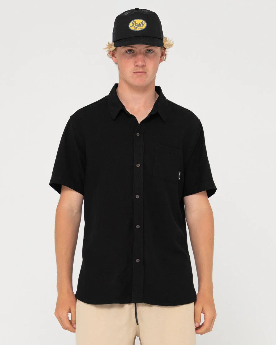 RUSTY Overtone Short Sleeve Linen Shirt - Black - Image 3