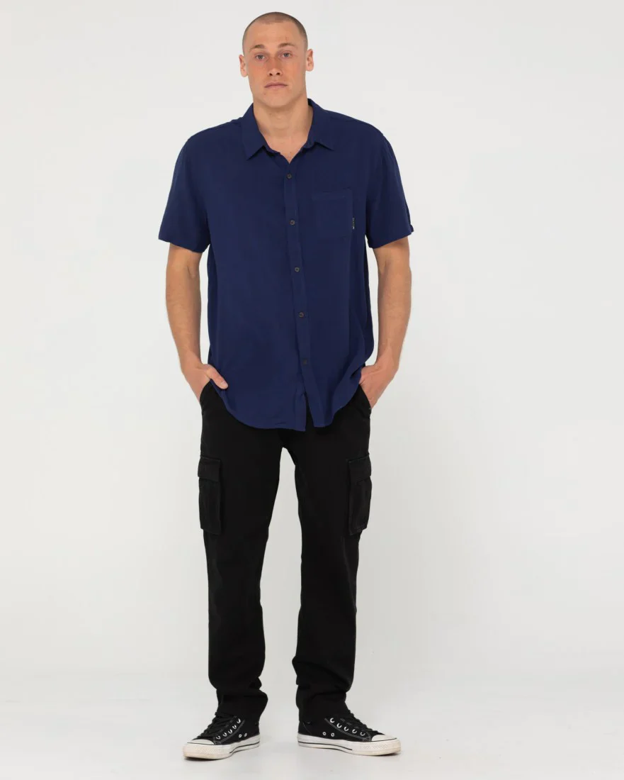 RUSTY Overtone Short Sleeve Linen Shirt - Blue Depths