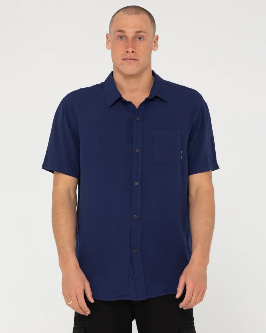 RUSTY Overtone Short Sleeve Linen Shirt - Blue Depths - Image 2