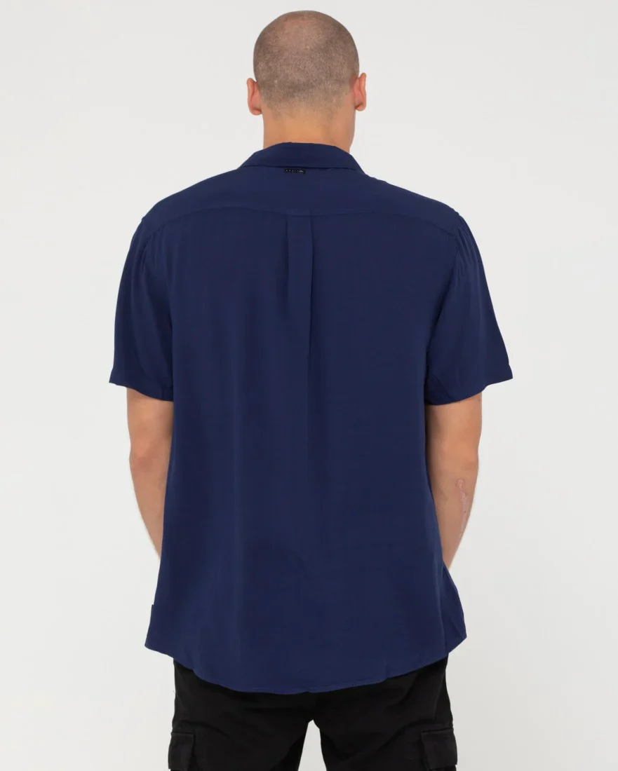 RUSTY Overtone Short Sleeve Linen Shirt - Blue Depths - Image 3