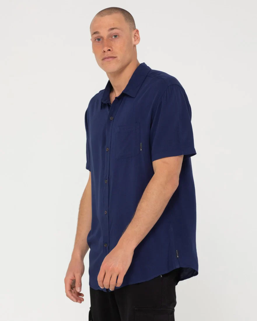 RUSTY Overtone Short Sleeve Linen Shirt - Blue Depths - Image 4