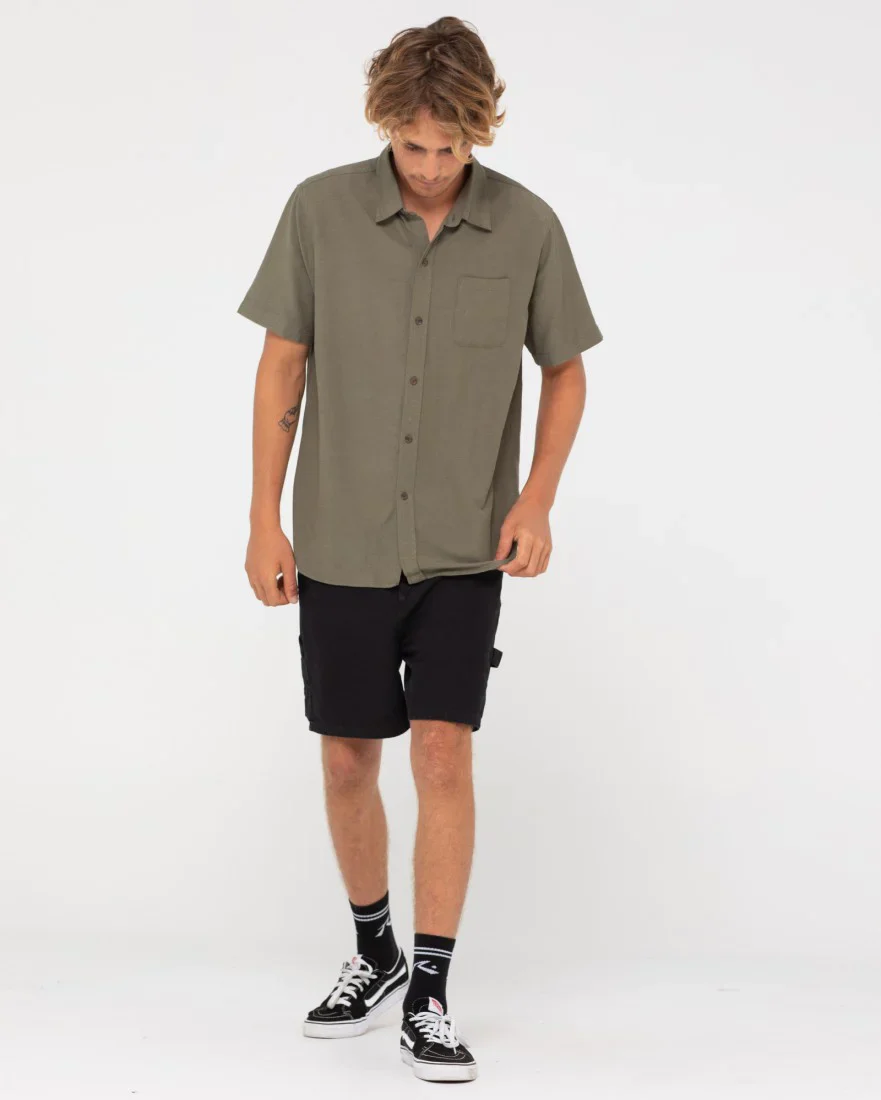 RUSTY Overtone Short Sleeve Linen Shirt - Shadow Army