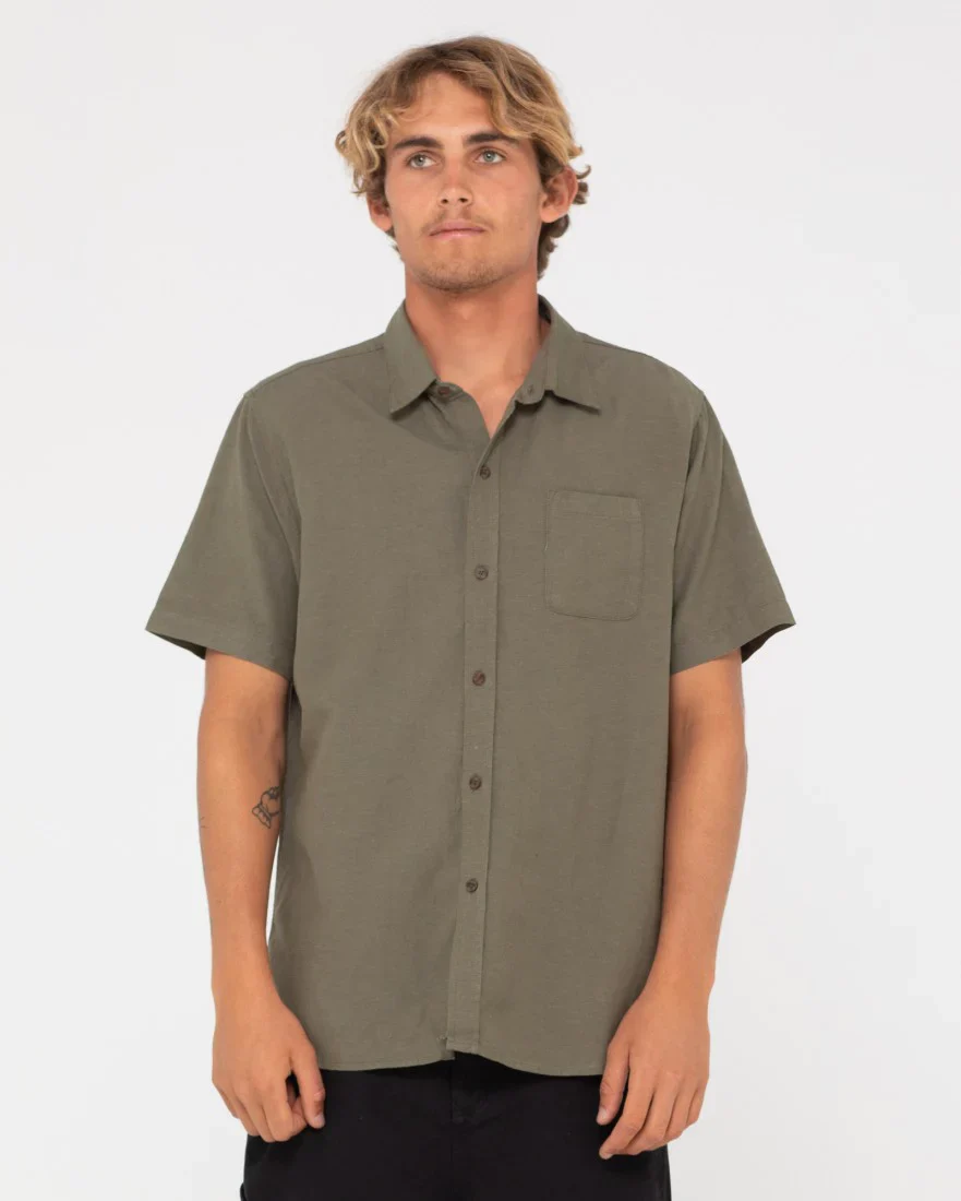 RUSTY Overtone Short Sleeve Linen Shirt - Shadow Army - Image 2