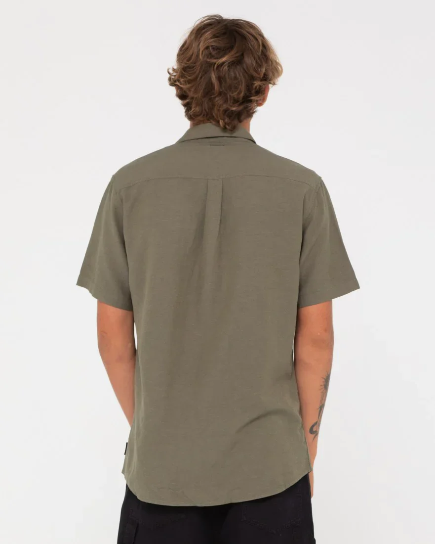 RUSTY Overtone Short Sleeve Linen Shirt - Shadow Army - Image 3