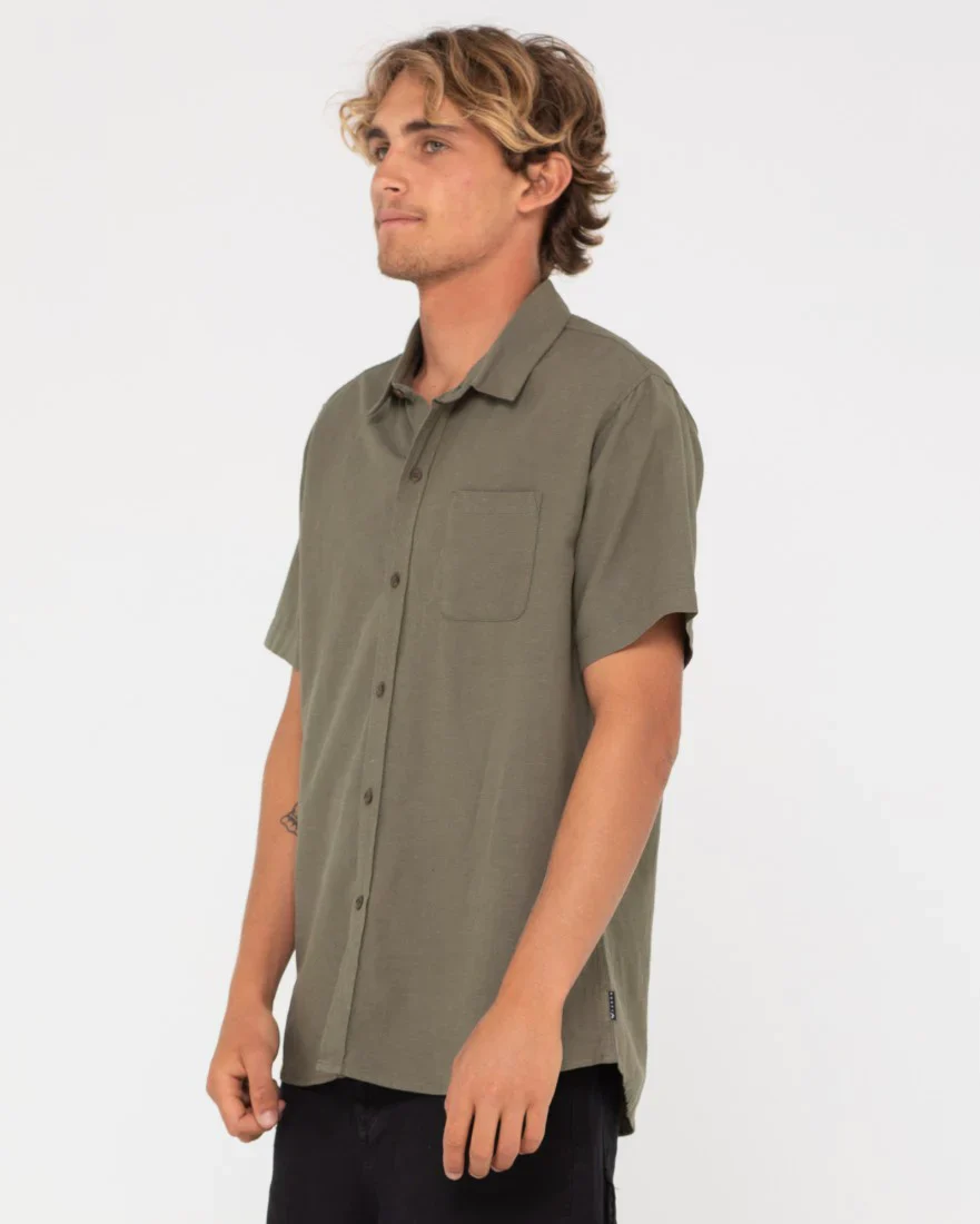 RUSTY Overtone Short Sleeve Linen Shirt - Shadow Army - Image 4