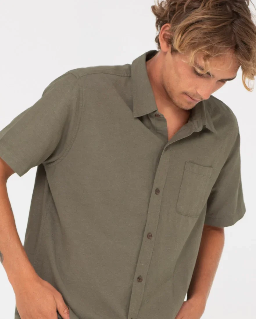 RUSTY Overtone Short Sleeve Linen Shirt - Shadow Army - Image 5